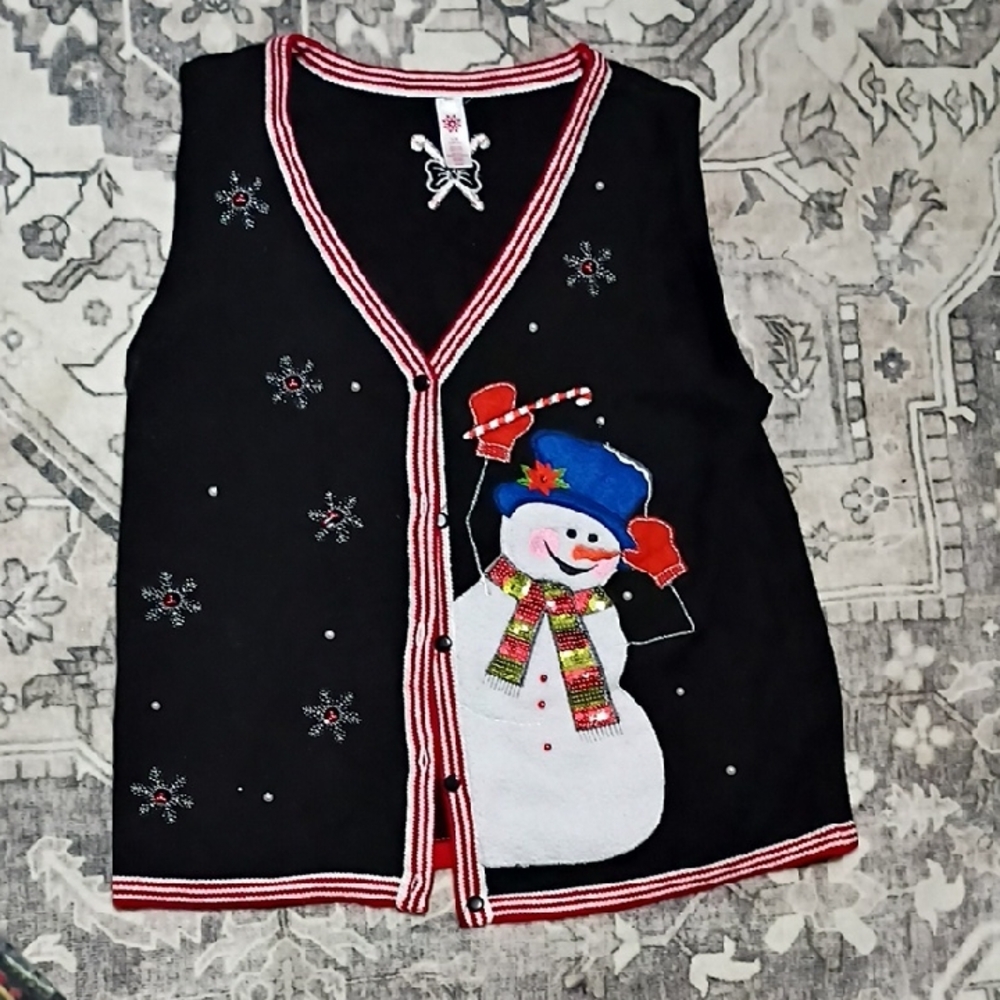 Festive Snowman Embroidered Black Vest